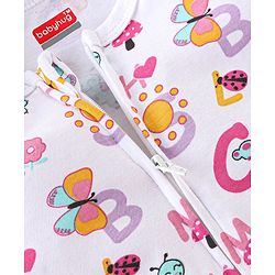 Babyhug Cotton Knit Full Sleeves Sleep Suit with Caterpillar Print - White & Pink