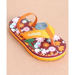 Cute Walk by Babyhug Flip Flops Backstrap Closure Floral Print- Maroon & Orange
