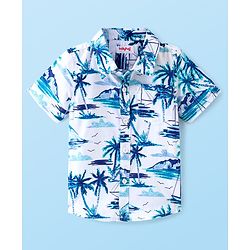Babyhug 100% Cotton Knit Half Sleeves Shirt With Tropical Print - White & Blue