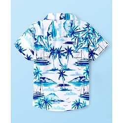 Babyhug 100% Cotton Knit Half Sleeves Shirt With Tropical Print - White & Blue