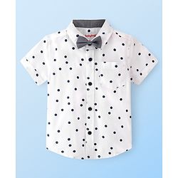 Babyhug Cotton Woven Half Sleeves Regular Collar Shirt with Bow Polka Dot Print - White