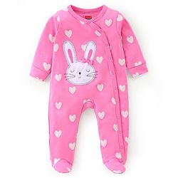 Babyhug Cotton Knit Full Sleeves Footed Sleep Suit Heart Print & Bunny Embroidery - Pink