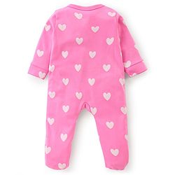 Babyhug Cotton Knit Full Sleeves Footed Sleep Suit Heart Print & Bunny Embroidery - Pink