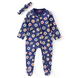 Babyhug Interlock Cotton Knit Full Sleeves Footed Sleepsuit with Headband & Floral Print - Navy Blue