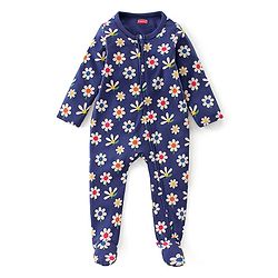 Babyhug Interlock Cotton Knit Full Sleeves Footed Sleepsuit with Headband & Floral Print - Navy Blue