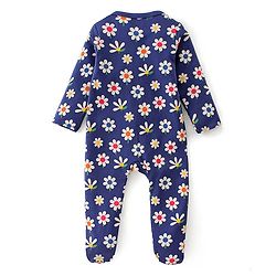 Babyhug Interlock Cotton Knit Full Sleeves Footed Sleepsuit with Headband & Floral Print - Navy Blue