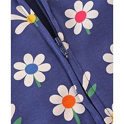 Babyhug Interlock Cotton Knit Full Sleeves Footed Sleepsuit with Headband & Floral Print - Navy Blue