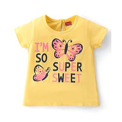 Babyhug Cotton Knit Half Sleeves Top With Butterfly Glitter Graphics - Yellow