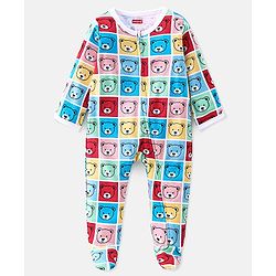Babyhug Cotton Knit Full Sleeves Footed Sleep Suit With Teddy Print - Pink Red & Blue