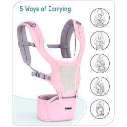 Babyhug Adore 5-in-1 Hip Seat Baby Carrier: Ergonomic, Breathable fabric, Padded straps, Foldable headrest, Secure waist belt, 5 carry positions, and storage pockets for babies up to 15 kg-Green