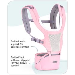 Babyhug Adore 5-in-1 Hip Seat Baby Carrier: Ergonomic, Breathable fabric, Padded straps, Foldable headrest, Secure waist belt, 5 carry positions, and storage pockets for babies up to 15 kg-Green