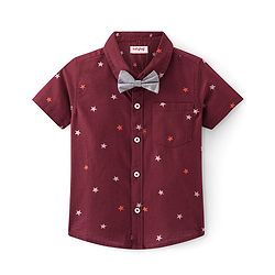 Babyhug Cotton Woven Half Sleeves Regular Collar Shirt with Bow Star Print - Wine Maroon