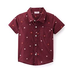 Babyhug Cotton Woven Half Sleeves Regular Collar Shirt with Bow Star Print - Wine Maroon