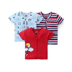 Babyhug 100% Cotton Interlock Knit Half Sleeves Antibacterial Vest Stripes & Penguin Pack Of 3 - Multicolor