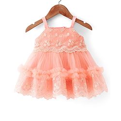 Babyhug Sleeveless Lace & Mesh Party Frock With Floral Embroidery - Peach