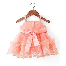 Babyhug Sleeveless Lace & Mesh Party Frock With Floral Embroidery - Peach