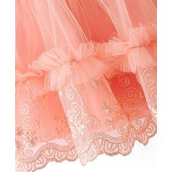 Babyhug Sleeveless Lace & Mesh Party Frock With Floral Embroidery - Peach
