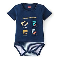 Babyhug 100% Cotton Half Sleeves Onesie Animal Patch - Navy Blue