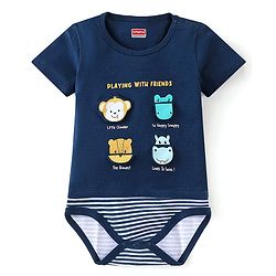 Babyhug 100% Cotton Half Sleeves Onesie Animal Patch - Navy Blue