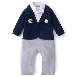 Babyhug Interlock Knit Full Sleeves Romper Soccer Ball Patch - Navy Blue