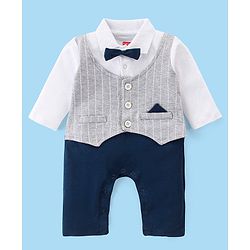 Babyhug Cotton Knit Full Sleeves Party Romper With Stripe  - Navy Blue