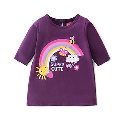 Babyhug Cotton Knit Three Fourth Sleeves Baby Gown With Rainbow & Butterfly Print - Purple