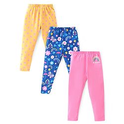 Babyhug Cotton Lycra Knit Full Length Leggings Floral Solid  & Polka Dot Print Pack of 3- Red Yellow & Pink