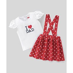 Babyhug 100% Cotton Knit Half Sleeves Text Print Top & Polka Dot Print Skirt-White & Red