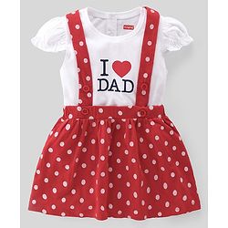 Babyhug 100% Cotton Knit Half Sleeves Text Print Top & Polka Dot Print Skirt-White & Red