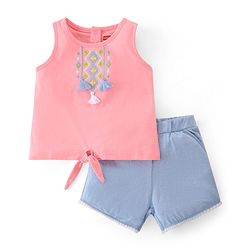 Babyhug 100% Cotton Knit Sleeveless Top & Shorts With Ikat Embroidery - Blue & Pink