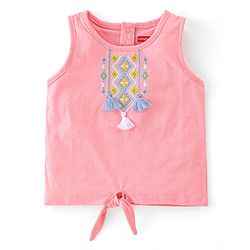 Babyhug 100% Cotton Knit Sleeveless Top & Shorts With Ikat Embroidery - Blue & Pink