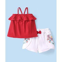 Babyhug 100% Cotton Knit Single Jersey Sleeveless Top & Shorts With Floral Print & Bow Detailing - Red & White