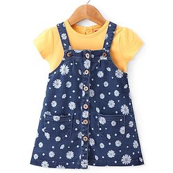 Babyhug 100% Cotton Knit Denim Frock With Half Sleeves Inner T-Shirt Floral Print - Blue & White