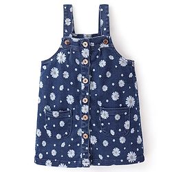 Babyhug 100% Cotton Knit Denim Frock With Half Sleeves Inner T-Shirt Floral Print - Blue & White