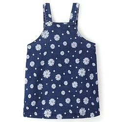 Babyhug 100% Cotton Knit Denim Frock With Half Sleeves Inner T-Shirt Floral Print - Blue & White