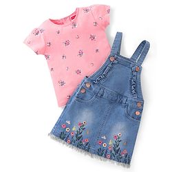 Babyhug Denim Washed Frock With Half Sleeves Inner T-Shirt Floral Print -Pink & Blue
