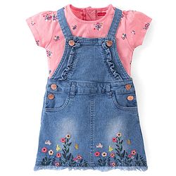 Babyhug Denim Washed Frock With Half Sleeves Inner T-Shirt Floral Print -Pink & Blue