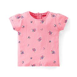 Babyhug Denim Washed Frock With Half Sleeves Inner T-Shirt Floral Print -Pink & Blue