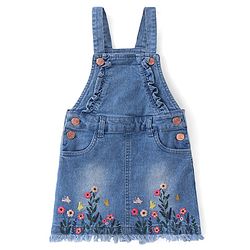 Babyhug Denim Washed Frock With Half Sleeves Inner T-Shirt Floral Print -Pink & Blue