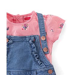 Babyhug Denim Washed Frock With Half Sleeves Inner T-Shirt Floral Print -Pink & Blue