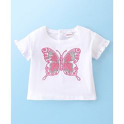 Babyhug Cotton Knit Half Sleeves Top and Skirt with Butterfly Embroidered - White & Pink