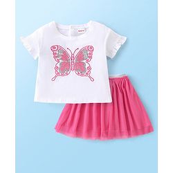 Babyhug Cotton Knit Half Sleeves Top and Skirt with Butterfly Embroidered - White & Pink