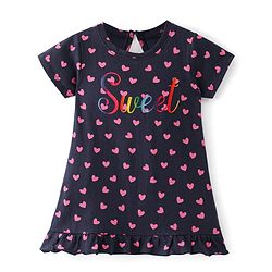 Babyhug Cotton Knit Half Sleeves Nighty Heart & Text Print - Blue