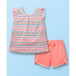 Babyhug Cotton  Sleeveless Printed Top & Shorts Set with Bow Applique - White & Pink