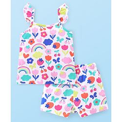 Babyhug Cotton Knit Single Jersey Sleeveless Night Suit With Floral Print - White