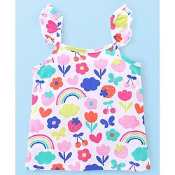 Babyhug Cotton Knit Single Jersey Sleeveless Night Suit With Floral Print - White