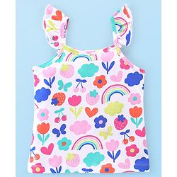 Babyhug Cotton Knit Single Jersey Sleeveless Night Suit With Floral Print - White