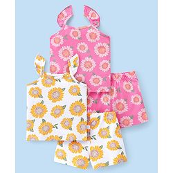 Babyhug Single Jersey Knit Sleeveless Night Suit Floral Print Pack Of 2 - White & Pink