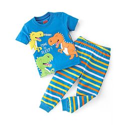 Babyhug Cotton Knit Half Sleeves Night Suit Dino Print - Blue