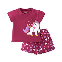 Babyhug Cotton Knit Half Sleeves Night Suit With Unicorn Print - Pink